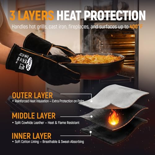 TOPDC 14Inch Welding Gloves 482°F Heat Resistant Leather for Fire Pit Grill - color: 14 Inch Black-gray