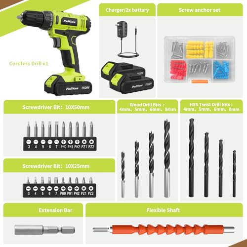 PULITUO'S 20V Cordless Drill/Driver, Electric Screwdriver - 2 Batteries, 30Nm, 21+1 Torque, 2 Speed, Keyless 3/8" Chase Drill with LED Light, Kit for Home (Green) - style: 20V Drill (green)- double