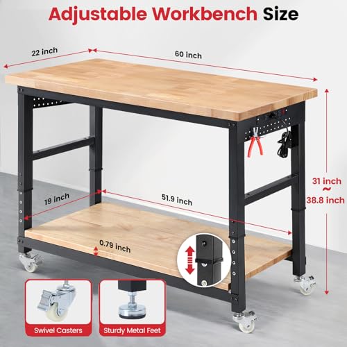 ENJOYWOOD 60" Heavy Duty Garage Workbench with Wheels, Adjustable Height