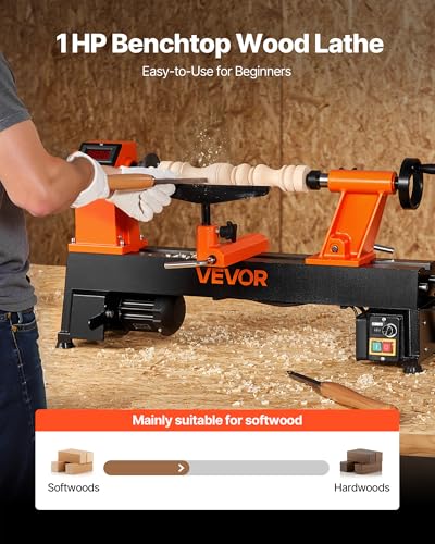 VEVOR Wood Lathe, 6Amp 1 HP Benchtop Wood Lathe Machine with 150 to 3800 RPM Variable Speed 12 x 18" Workbench Brushless DC Motor Cast Iron Construction for Beginners DIY Enthusiasts Woodworking - size: 12" x 18"-1 HP