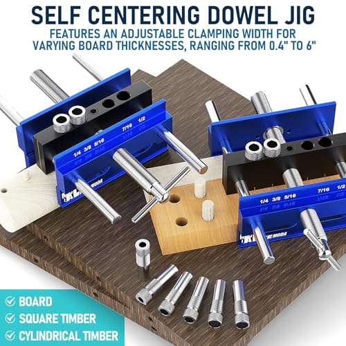 Upgraded 6.7 inch Self Centering Doweling Jig Kit, Drill Jig For Straight Holes Biscuit Joiner Set With 6 Drill Guide Bushings, Adjustable Width Drilling Guide Tool Accessory Jigs (Blue) - size: Large