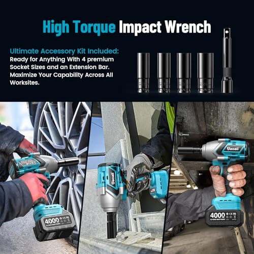 1000Nm(738ft-lbs) Cordless Impact Wrench High Torque, 1/2 Power Battery Impact Gun w/ 2x 4.0Ah Battery, Fast Charger, 5 Sockets, Storage Tool Box & Variable Speeds for Car Tire Truck RV Mower