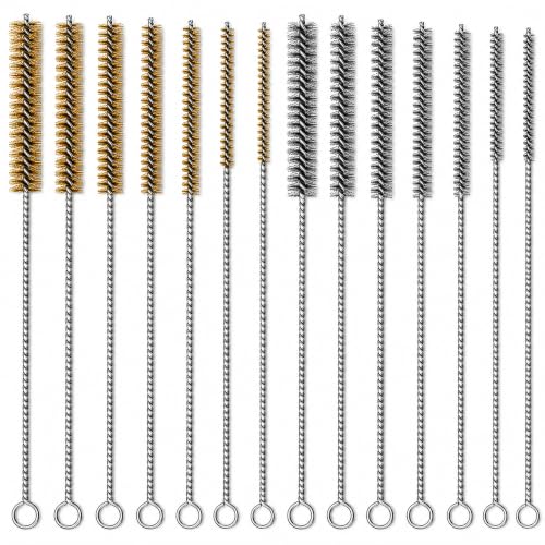 14PCS Tube Cleaning Brush Set, 7 Brass & 7 Stainless Steel Wire Brushes, 12 Inch Long Pipe Cleaner Kit, 7 Sizes Round Bore Brush for Engine Parts, Fuel Lines, Auto Parts, Pipes, Tubes & Nozzles