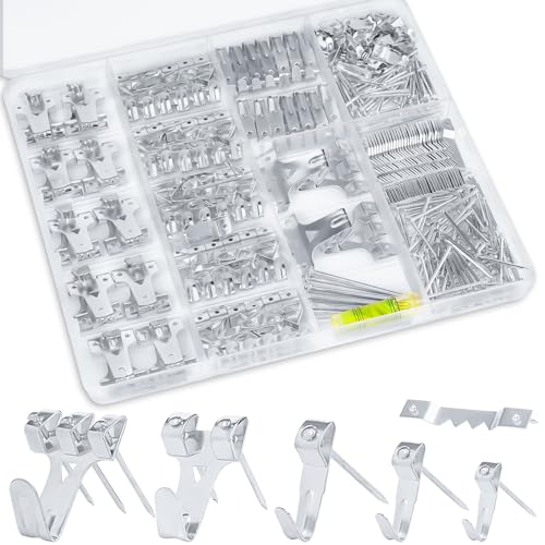 KURUI Picture Hanging Kit for Wall Decor, Frame, Painting, Art, Photo, 385Pcs Picture Hangers with Heavy Duty Hooks, Sawtooth, Hardware Nails, Wall Hangers for Bedroom Office Classroom (Silver) - color: Silver