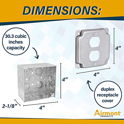Pack of Box and Cover 4'' Square Electrical Box, 1 Duplex Receptacle Exposed Work Cover, Crushed Corners, Welded Construction, Ten 1/2'' and Six TKO Knockouts, Raised Ground, 2-1/8'' - size: Duplex Receptacle