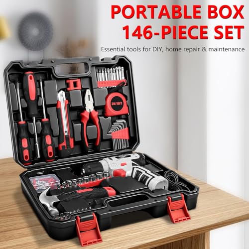 JENABOM Tool Set, 146-Piece Home Tool Kit with 8V Cordless Drill - color: Red