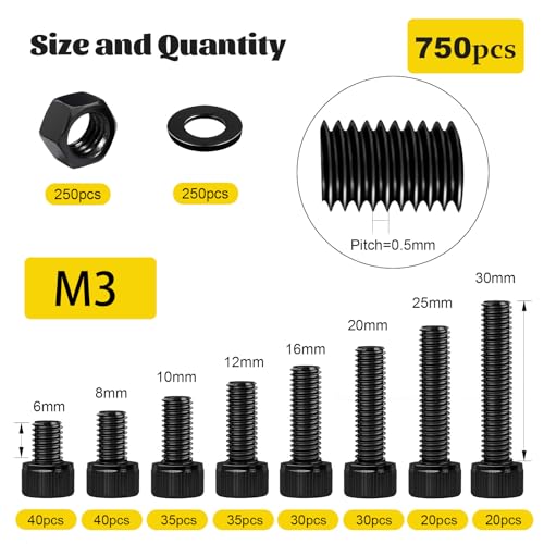 750PCS M3 Hex Socket Screw Assortment Kit,M3x6/8/10/12/16/20/25/30 mm - size: M3 750pcs