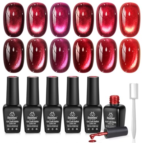 Beetles Red Cat Eye Gel Nail Polish Set, 6 Colors Glitter Red Gel Polish - color: A - Cat Eye | Sultry Burgundy