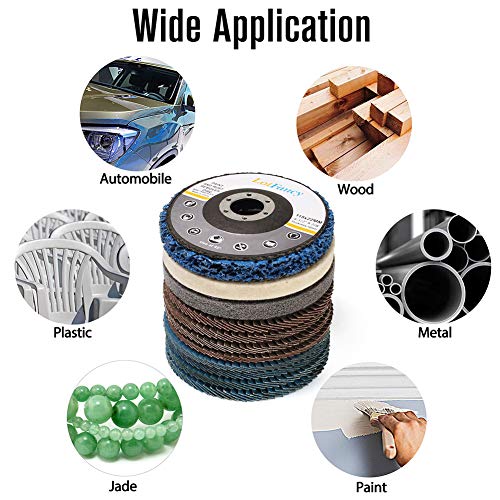 LotFancy Flap Disc 4 1/2 inches, 11 Grinding Polishing Discs Set for Angle Grinder, 40 60 80 120 Grit Assorted Pack, Sanding Wheels, Strip Disc, Nylon & Felt Polishing Disc Kit - style: 11 Pack Set