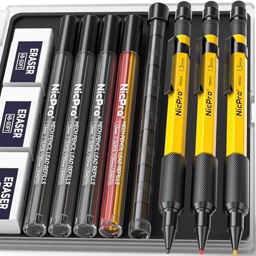 Nicpro 3 PCS 1.3 mm Mechanical Pencil Set with 48 Lead Refills, 3 Eraser - style: 3 Pack (Yellow)