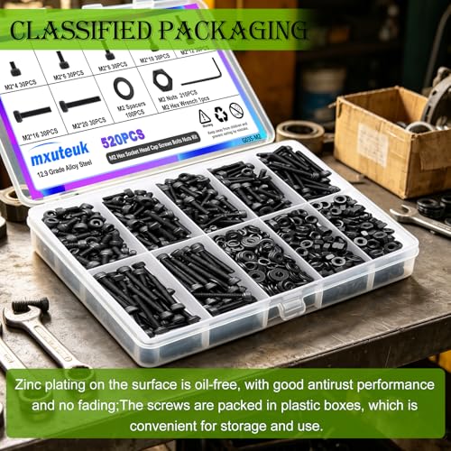 mxuteuk M2 Screws Assortment,M2 x 4/6/8/10/12/16/20mm Hex Socket Head Cap Screws Bolts Nuts Kit, 520PCS 12.9 Grade Alloy Steel Assorted Screws Small Metric Screws Suitable for 3D Printer DIY - size: 520PCS M2