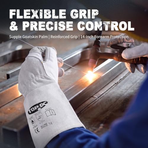 TOPDC Goatskin TIG Welding Gloves 14 Inch Large, Split Cowhide Back - color: 14 Inch Goat Grain-large