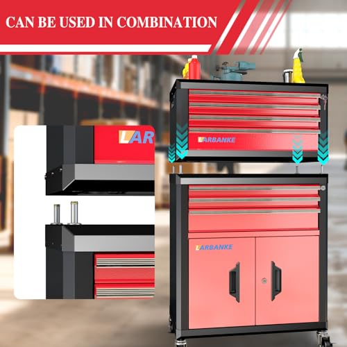 LARBANKE Portable 4-Drawer Tool Chest with Handle,Lockable Tool Box,Red