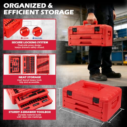 Premium 132-Piece Mechanics Tool Set, SAE/Metric 1/4" & 3/8" Drive Socket Set, Ratcheting Wrenches, Extensions & Adapters, Quick-Release Ratchet, Professional Auto Repair Tool Kit with Storage Case - style: New Version