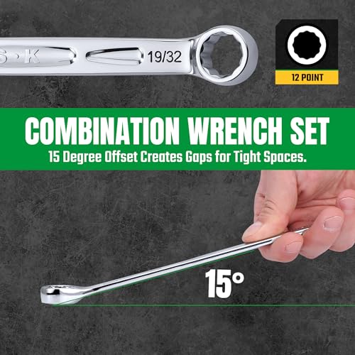 SK Combination Wrench Set, SAE 5/16'' to 3/4'', 11-Piece, CR-V Steel - size: SAE
