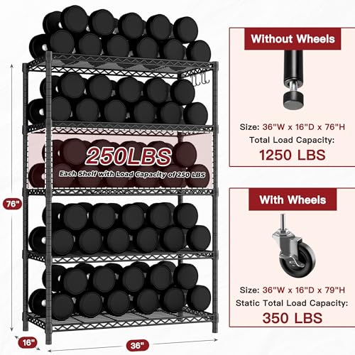 PrimeZone 36"W x 16"D x 79"H Wire Shelving with Wheels, 5-tier Metal Shelf - size: 36"W x 16"D x 79"H