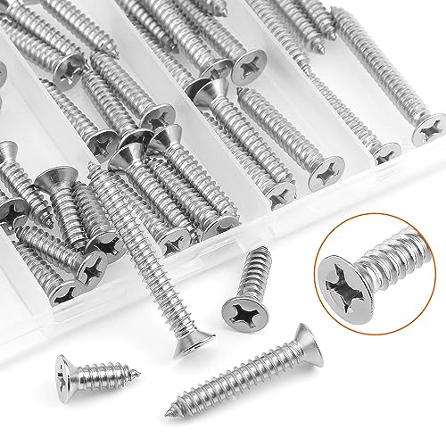 #14 x 3/4" 1" 1-1/4" 1-1/2" 2" Wood Screws Set, HELIFOUNER 52 Pieces Phillips Countersunk Head Self-Tapping Screws Assortment Kit, Phillips Flat Head Wood Screws, 304 Stainless Steel - size: #14