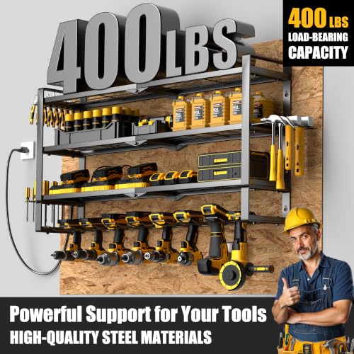 MOOMSINE Large Power Tool Organizer Wall Mount with Charging Station for Garage, 400lbs Metal Storage Rack with 8 Cordless Drill Holder, 4 Tier Heavy Duty Battery Tool Shelf with 5 Outlet Power Strip - size: 32 Inch（4 Tier Power Station）