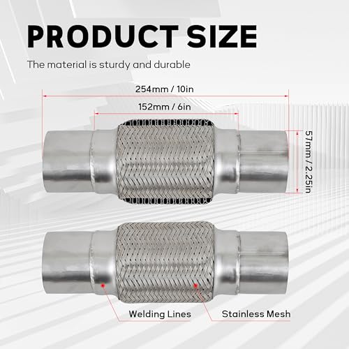2.25''X6''universal stainless steel Exhaust Flex Pipe with Ends 10" Inch Long Heavy Dutydouble braided bendable exhaust Flex Pipe - size: 2.25''X6''X10''