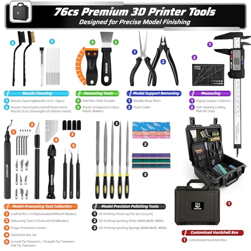 76pcs 3D Printer Tools Kit for Model Finishing/Deburring/Drilling/Polishing, 3D Printer Accessories incl. Flush Cutter, Pilers, Digital Caliper, for Bambu Lab, Flashforge, K2, FDM/SLA Printers etc - style: Master 3D Box