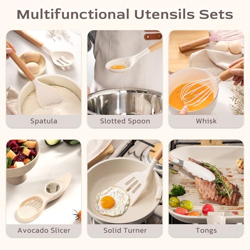 Astercook Kitchen Utensils set, 39 PCS Silicone Cooking Utensils Set with Wooden Handle, 446°F Heat Resistant Food Grade Utensil Sets, BPA Free Kitchen Gadgets Tools Set for Nonstick Cookware (Cream) - color: Cream