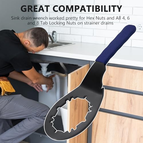 Sink Drain Wrench Universal Under Sink Wrench Faucet Tool Fit for Hex Nuts and All 4, 6 and 8 Tab Locking Nuts on strainer drains Loosen and Tighten the Filter Lock Nut