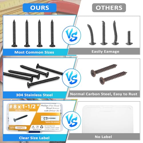 100PCS #8 x1-1/2 Black Wood Screws, Flat Head Stainless Steel Sheet Metal Screws, Fast Self Tapping Screws for Deck Drywall Concrete Screws with Screwdriver Bit - style: Black #8X1-1/2" Flat Head 100PCS