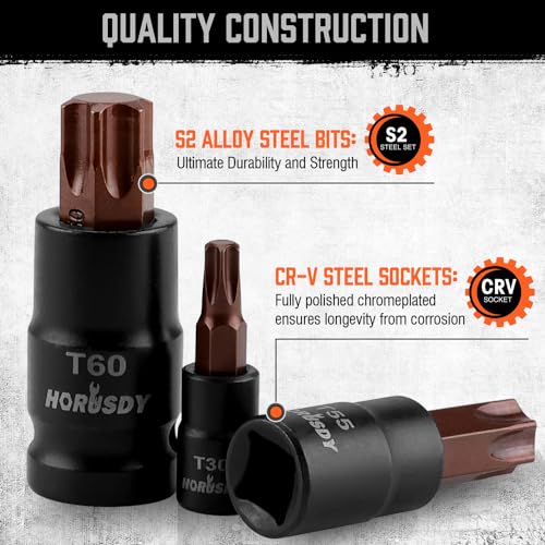 HORUSDY 31Pcs Torx Bit Socket Set,14 Star Bits (T8-T70) and 12 Female E-Torx Sockets (E4-E24), 4 Impact Socket Adapter Set with High Torque Laser Marked for Automotive Mechanic - color: 31 Pcs Orange