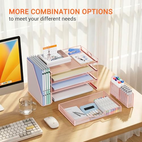 OPNICE Desk Organizers and Accessories, 4-Tier Desktop File Organizer with Drawer and Pen Holders, Office Desk Accessories Workspace Organizers for Office Supplies (Rose Gold) - color: Rose Gold, size: 4T