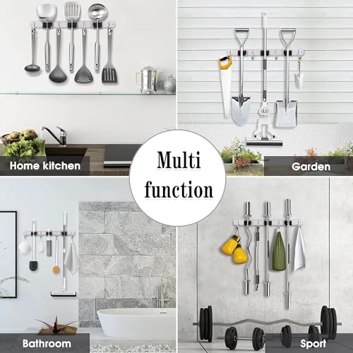 2 Pack Broom Holder Wall Mount, 3 Racks 4 Hooks Mop and Broom Organizer - color: 3 Racks & 4 Hooks (Silver) - 2 Pack