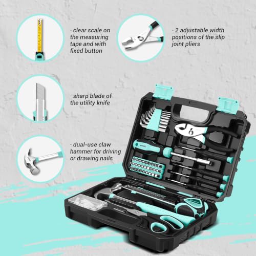 DEKOPRO 50 Piece General Household Hand Tool Kit with Plastic Toolbox Storage Case, All Purpose Home Tool Kit Includes Essential Tools for Office College Repairs - Turquoise - color: Turquoise-50pcs