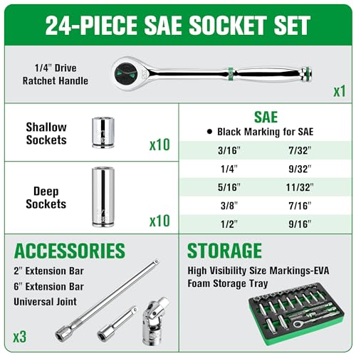 SK 1/4" Drive Socket Set with 160-P Ratchet, SAE, CR-V Steel