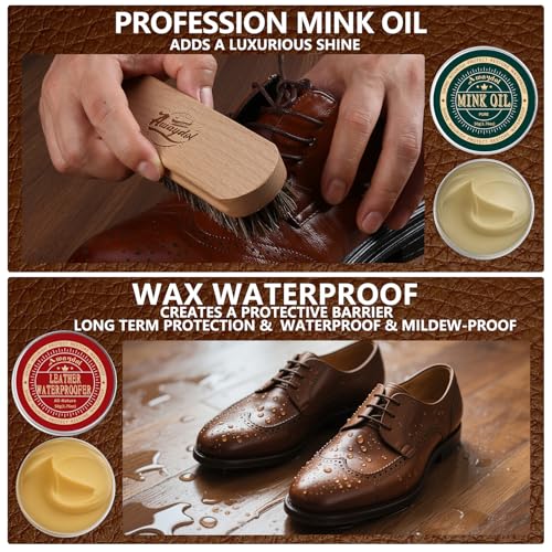 11 PCS Leather Care Kit - Horsehair Brushes,Saddle Soap,Waterproofing Wax,Mink Oil Conditioner,Polishing Cloth,Microfiber cloth,Boot Shoe Shine Cleaning Kit Gift for Men Cowboy Husband Dad