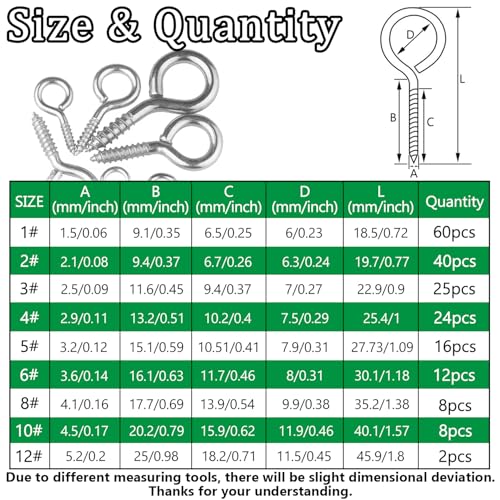 195PCS Silver Eye Screws Kit, 1# -12# Eyelet Screws for Wood - color: Silver, size: 1#-12#