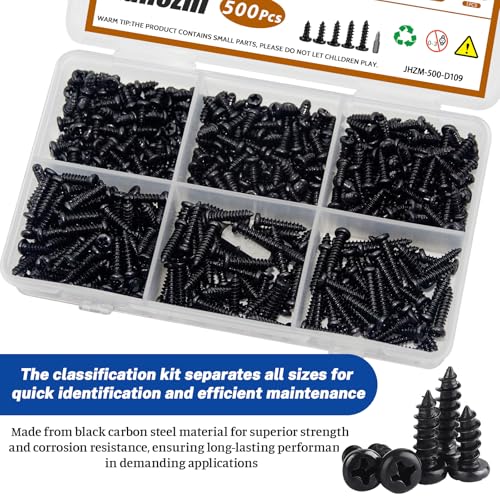 500Pcs M2.5x5/6/8/10/12 Self-Tapping Wood Screws Assortment Kit, Phillips Pan Head, Black Carbon Steel, 5 Sizes, for Wood Plastic and Soft Metal - size: M2.5x5/6/8/10/12-500Pcs