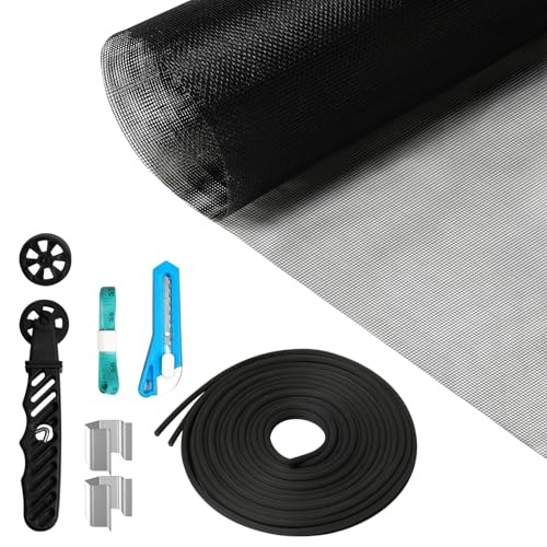 Window Screen Repair Kit, 48"x118" Screen Door Mesh Replacement Kit, Durable Fiberglass Black Window Screen kit with Tools, Rolling, Hook, Spline, Clips for Windows Doors Patio and Porch