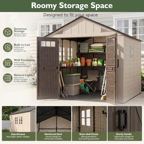 Aoxun 8x10 Ft Outdoor Storage Shed with Floor, Large Resin Outdoor Shed with Lockable Door & Windows, Garden HDPE Sheds for Lawn Tools, Pool Supplies & Bikes - size: 8x10