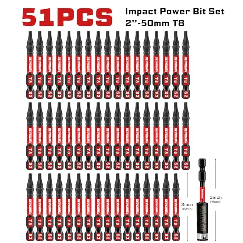 Geinxurn 51 Pieces T8 Impact Tough Magnetic Screwdriver Bit Set, 2 In. #8 Torx Head Power Bit Set, S2 Alloy Steel T8 Star Bit with 1Pc Impact Bit Holder - size: 2"-51PCS, style: T8