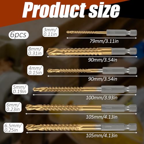 6 Pack Titanium Coated HSS Twist Drill Bit 3-8mm Serrated Side Cutting Drill Bit Hex Shank Serrated Cutting Bits Woodworking Tools for Wood Metal Plastic Hole
