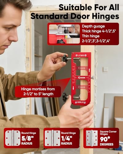 Saker Door Hinge Jig,Adjustable Door Jamb Hinge Jig,Aluminum Alloy Doors Hinges Router Jigs,Fits Door Hinges from 2.5" to 5" Length and Thicknesses,Radius 1/4” or Radius 5/8” - size: Door Hinge Jig