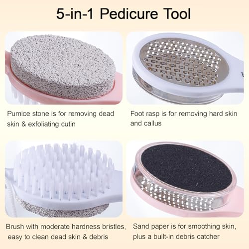 Foot Scrubber Brush with Pumice Stone for Feet 5-in-1, 2Pcs Foot File Callus Remover, Stainless Steel Feet Scraper, Cleaning Brush & Sand Paper Debris Catcher, Multi Purpose Home Foot Care, Pink White - color: Pink White