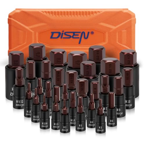 DISEN 32-Piece HEX Bit Socket Set - size: 1/4"& 3/8”& 1/2“ 32PCS HEX Bronw