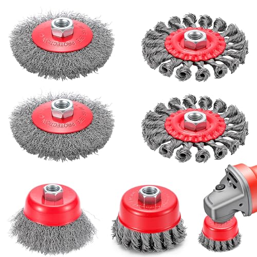 6PCS Twist Knot Wire Brush, Wire Wheel Cup Brush Set for 4-1/2" Angle Grinder, Angle Grinder Brushes with 5/8" Threaded Arbor for Heavy Cleaning Rust, Stripping, Abrasive - 3" Cup & 4" Wheel - color: Wheel Brush & Cup Brush