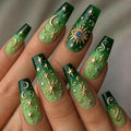 3D Green Press on Nails Almond - Medium French Tip Fake Nails with Embossed Stars&Moon Designs, Glossy Finish Reusable False Nails for Women Manicure(3D Embossed design 20） - color: 3D Embossed design 20