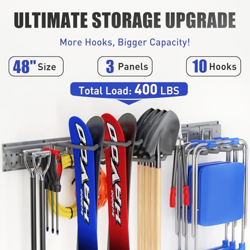 Garage Tool Organizer Wall Mount 49.5 inches with 10 Adjustable Heavy-Duty Hooks, Garage Organization, Garden Tool Storage Rack, Yard, and Shed, Holds Up to 400 lbs (Grey) - size: 49.5" | 3 Panels + 10 Hooks