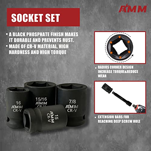 AMM 1/2" Drive Master Impact Socket Set, 24-Piece Shallow Standard SAE (7/16-Inch to 1-Inch) & Metric (13-24 mm) Sizes, Socket Assortment with Ratchet Handle，Cr-V Steel - size: 1/2" Impact Socket Set