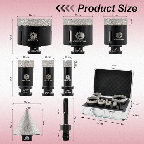 Diamond Core Drill Bit Set - FOCSTOL 8pcs (19/25/35/51/65/76mm+50mm Beveling Chamfer Bit+SDS Adapter) Diamond Hole Saw Kit for Porcelain Ceramic Tile Marble Granite - size: KIT6