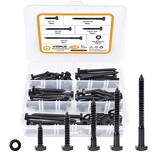 1/4" Hex Lag Bolts Stainless Steel 18-8 (304), VIGRUE 108PCS Black Oxidized, Hex Lag Screws Heavy Duty Wood Screws Washers Assortment Kit, Length Include 1" 1-1/2" 2" 2-1/2" 3"