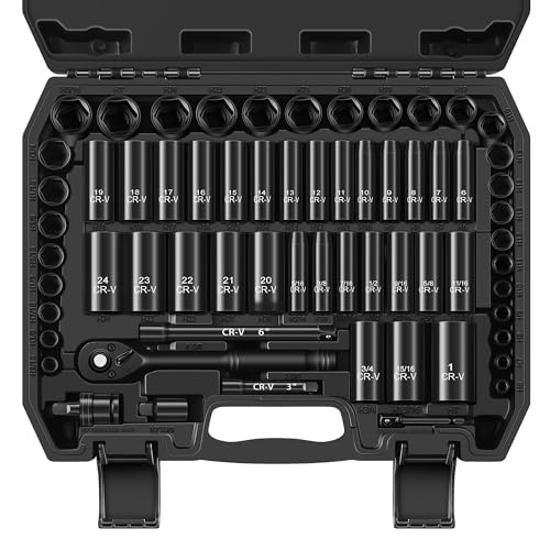 Reniteco 64-Piece 3/8" Drive Socket Set, SAE 5/16"-1", Metric 6-24mm, Cr-V - size: 3/8"-64 PCS