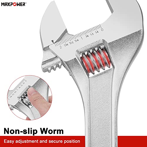 MAXPOWER 18" Adjustable Wrench, 2-1/8" Jaw Opening, Tapered Handle | Adjustable Spanner with SAE/Metric Scales, Polished Finish, and Comfort Grip – Perfect for Plumbing, Nuts, and Pipes - size: 18"